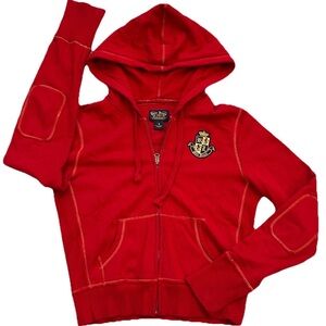 Vintage Polo Jeans 1967 Red Lg Hoodie Gold RL Crest Yellow Stitching Zip Front
